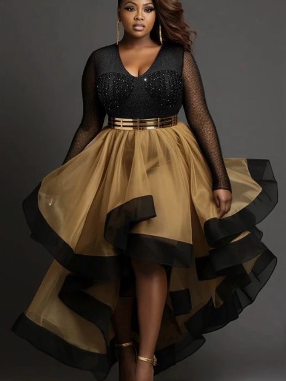 XPlUSWEAR Elegant Black & Gold High-Low Tulle Dress with Long Sleeves